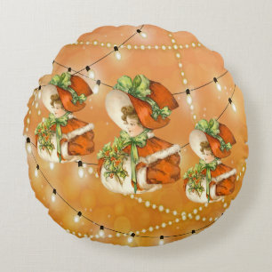 Victorian ChristmasLady Orange Background w/Lights Round Pillow