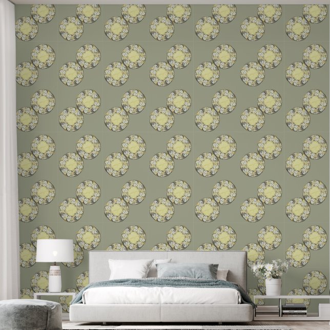 Victorian Circular Pattern Grey Green Lime Yellow Wallpaper (Bedroom)