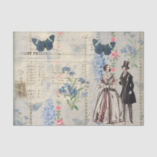 Victorian Couple Amidst Blue Butterflies, Flowers Tissue Paper