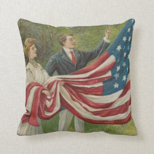 Victorian Couple Raising US Flag Memorial Day Throw Pillow