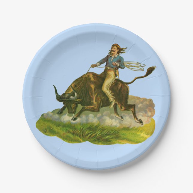 Victorian cowboy bull rider paper plate (Front)