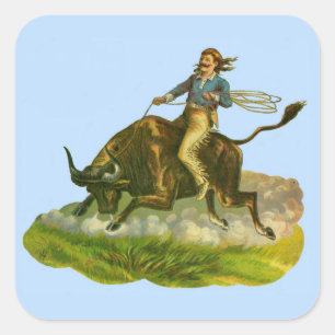 Victorian cowboy bull rider square sticker