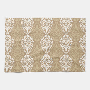 Victorian Cream Gold Vintage Damask Lace Pattern Kitchen Towel