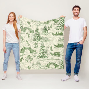Victorian Cream Green Winter Toile Pattern Fleece Blanket