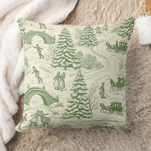 Victorian Cream Green Winter Toile Pattern Throw Pillow