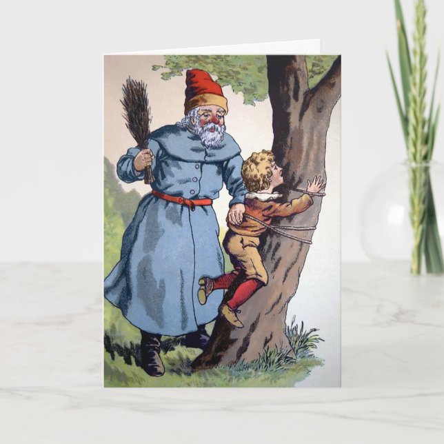 Victorian Creepy Santa Punishing Child Holiday Card (Front)