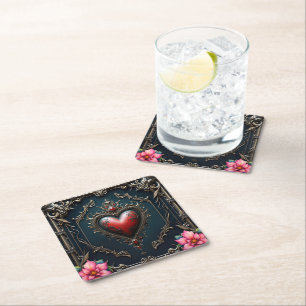 Victorian Crimson Gothic Heart Square Paper Coaster