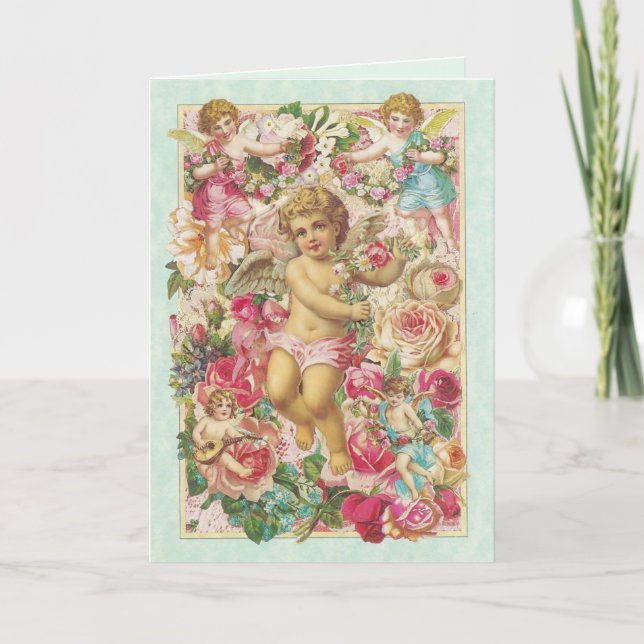 Victorian Cupid and Roses Floral Holiday Card (Front)