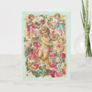 Victorian Cupid and Roses Floral Holiday Card