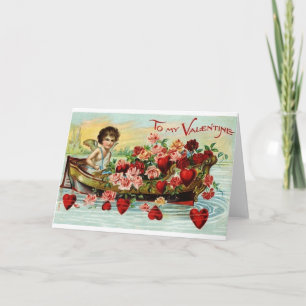Victorian Cupid Boat With Roses & Hearts Valentine Holiday Card