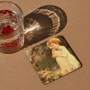 Victorian cutie with birds square paper coaster