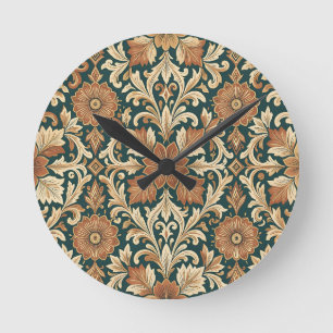 Victorian Damask Floral Pattern with Copper Bronze Round Clock