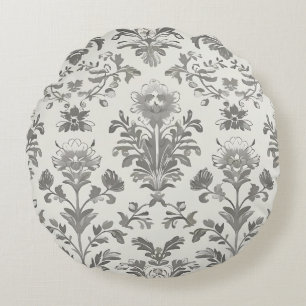 Victorian Damask Floral White Vintage Round Pillow