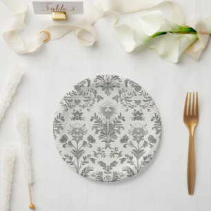 Victorian Damask Floral White Vintage Wedding Paper Plate