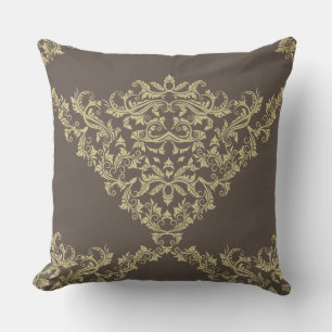 Victorian Damask in Beige on Brown Throw Pillow