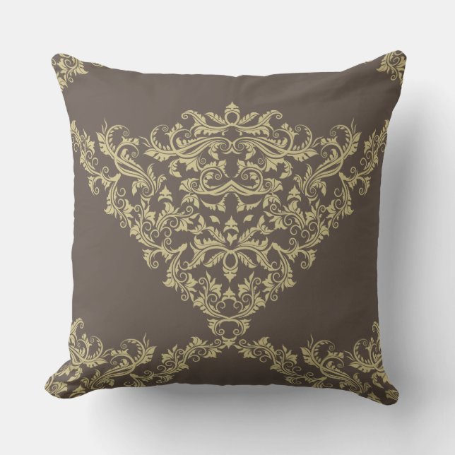 Victorian Damask in Beige on Brown Throw Pillow (Front)