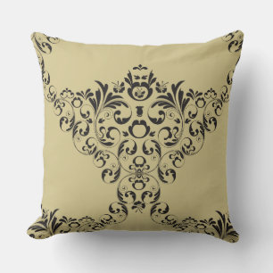 Victorian Damask in Black on Tan Throw Pillow
