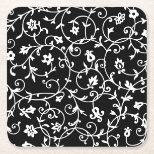 Victorian Damask Pattern, Black and White, Square Paper Coaster