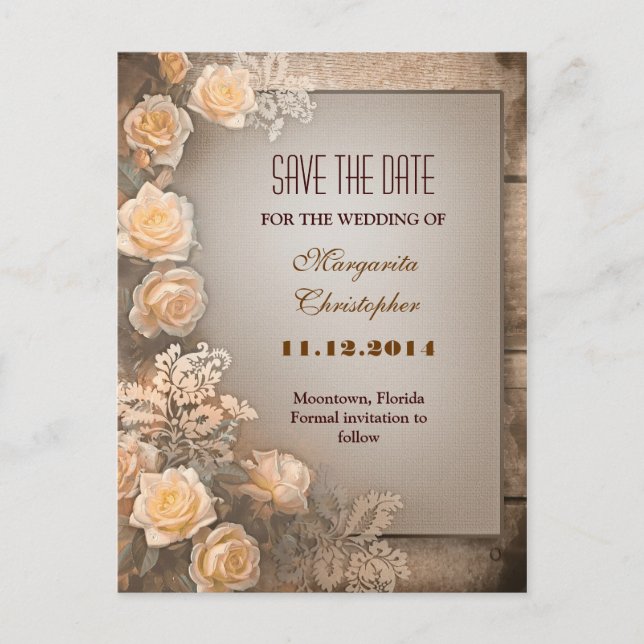 victorian damask roses save the date postcards (Front)