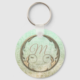 Victorian damask script gold green elegant keychain