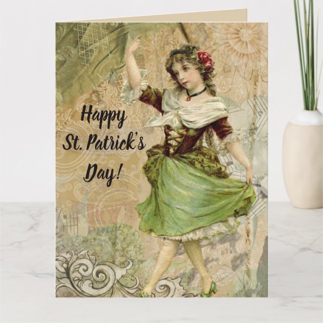 Victorian Dancing Girl in Green St. Patrick's Day Card (Front)