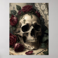 Victorian Dark Academia Gothic Skull with Roses