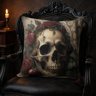 Victorian Dark Academia Gothic Skull with Roses Throw Pillow