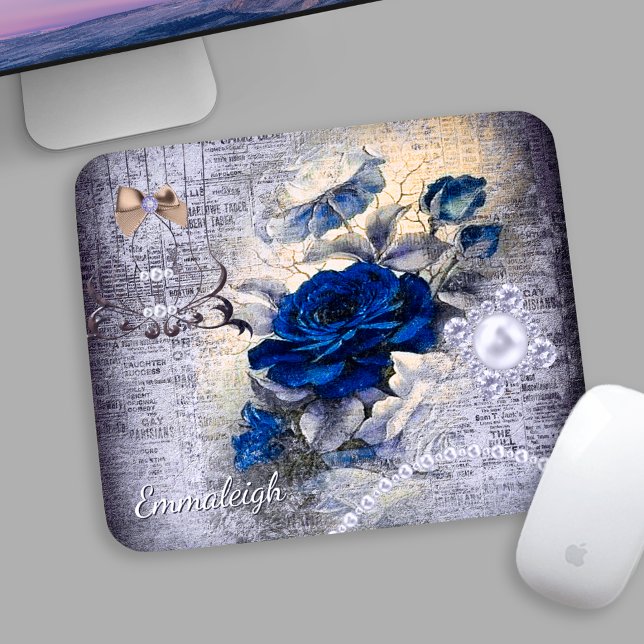 Victorian Dark Blue Rose Ephemera Monogram Mouse Pad (Creator Uploaded)