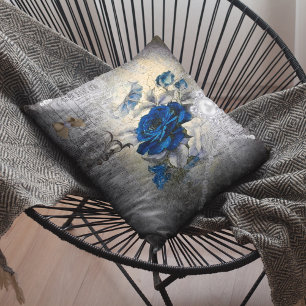 Victorian Dark Blue Rose Ephemera Throw Pillow