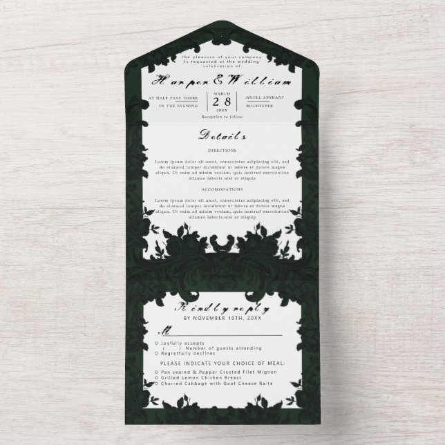 Victorian dark green wedding envelope all in one invitation (Inside)