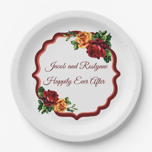Victorian Deep Red and Yellow Roses Paper Plate (Front)