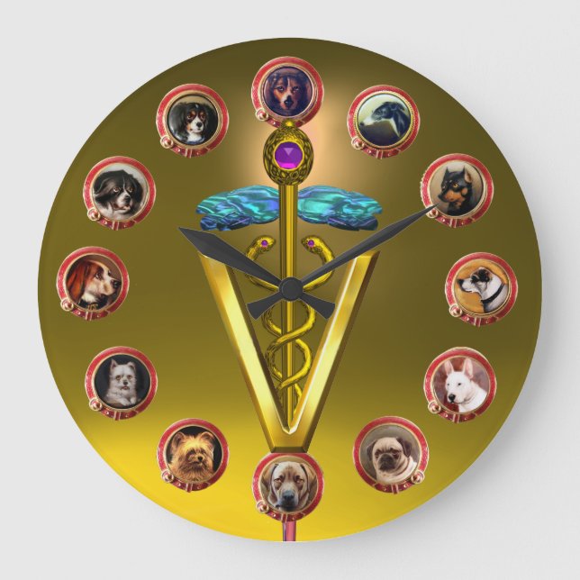 VICTORIAN DOG PORTRAITS CADUCEUS VETERINARY SYMBOL LARGE CLOCK (Front)