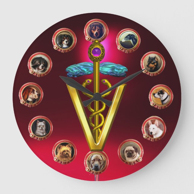VICTORIAN DOG PORTRAITS CADUCEUS VETERINARY SYMBOL LARGE CLOCK (Front)