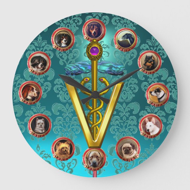 VICTORIAN DOG PORTRAITS CADUCEUS VETERINARY SYMBOL LARGE CLOCK (Front)