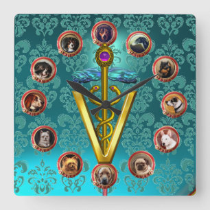 VICTORIAN DOG PORTRAITS CADUCEUS VETERINARY SYMBOL SQUARE WALL CLOCK