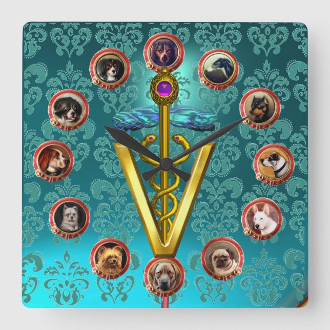 VICTORIAN DOG PORTRAITS CADUCEUS VETERINARY SYMBOL SQUARE WALL CLOCK (Front)