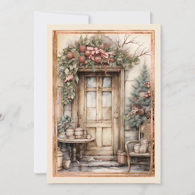 Victorian Door Decorated Wreath Christmas Holiday Card (Front)