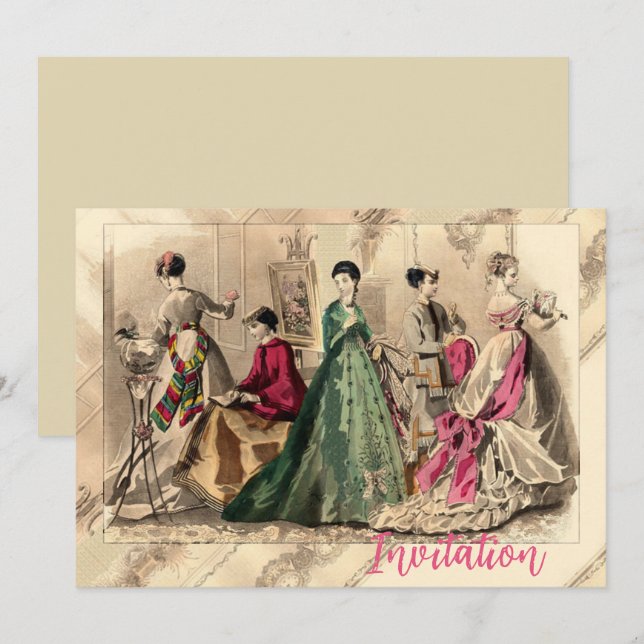 Victorian Dress With Pink Bow Invitation (Front/Back)