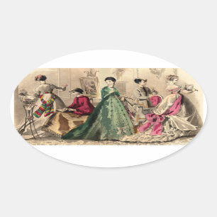 Victorian Dress With Pink Bow Oval Sticker