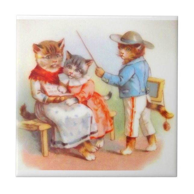 Victorian dressed kitty cats family tile (Front)