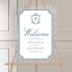 Victorian Dusty Blue Catholic Wedding Welcome Acrylic Sign