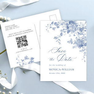 Victorian Dusty Blue Floral Wedding Save the Date Postcard