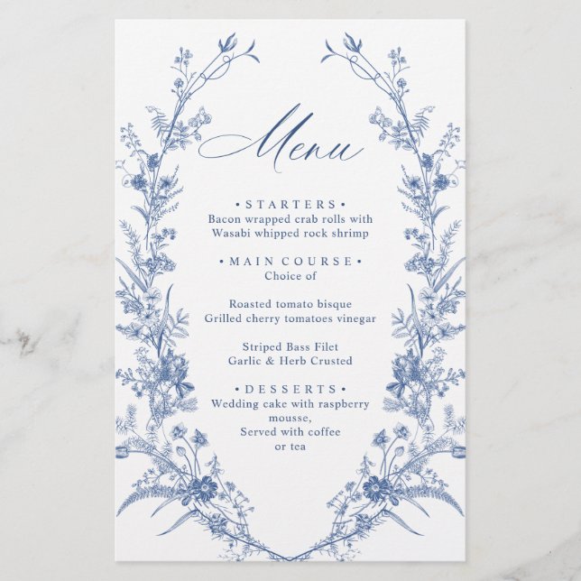 Victorian Dusty Blue French Garden Wedding Menu (Devant)