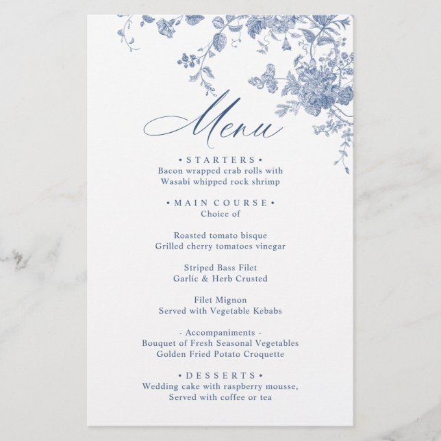Victorian Dusty Blue French Garden Wedding Menu (Front)