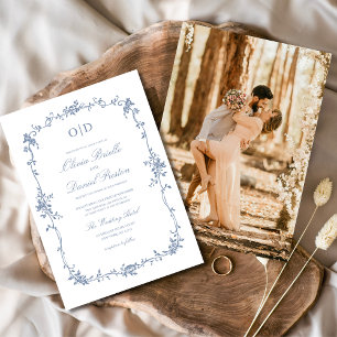 Victorian Dusty Blue Photo Monogram Wedding  Invitation