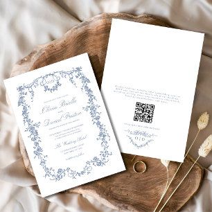 Victorian Dusty Blue QR Code Floral Wedding Invitation