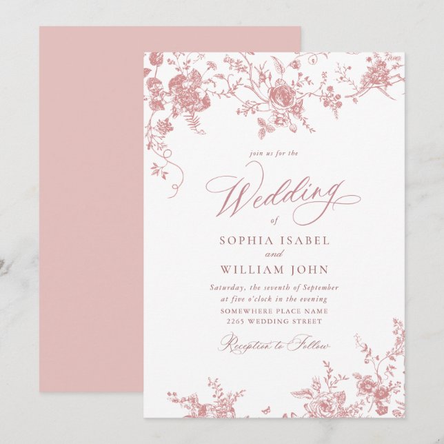 Victorian Dusty Blush Pink French Garden Wedding Invitation (Front/Back)