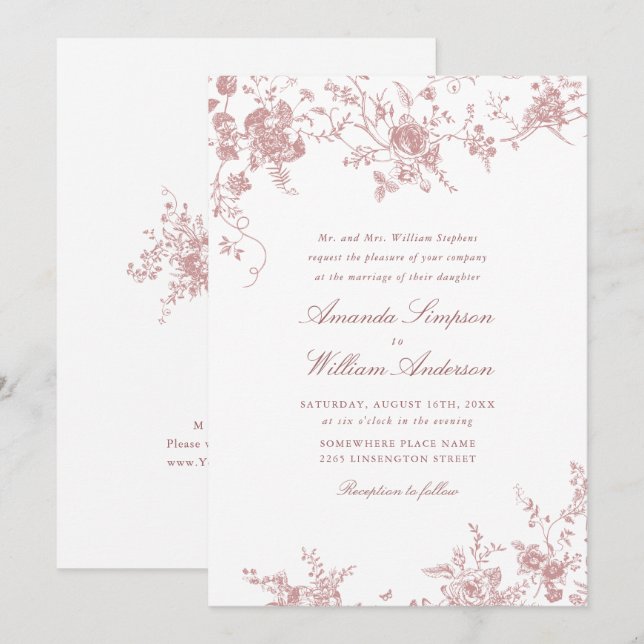 Victorian Dusty Blush Pink French Garden Wedding Invitation (Front/Back)