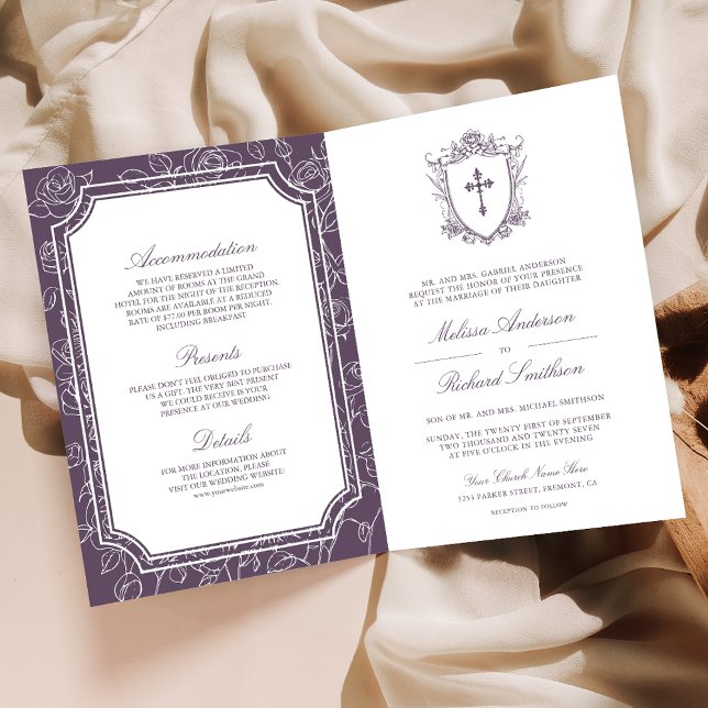 Victorian Dusty Purple Catholic QR Code Wedding Invitation (Creator Uploaded)