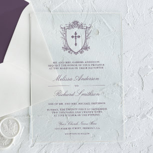 Victorian Dusty Purple Catholic Wedding Acrylic Invitations